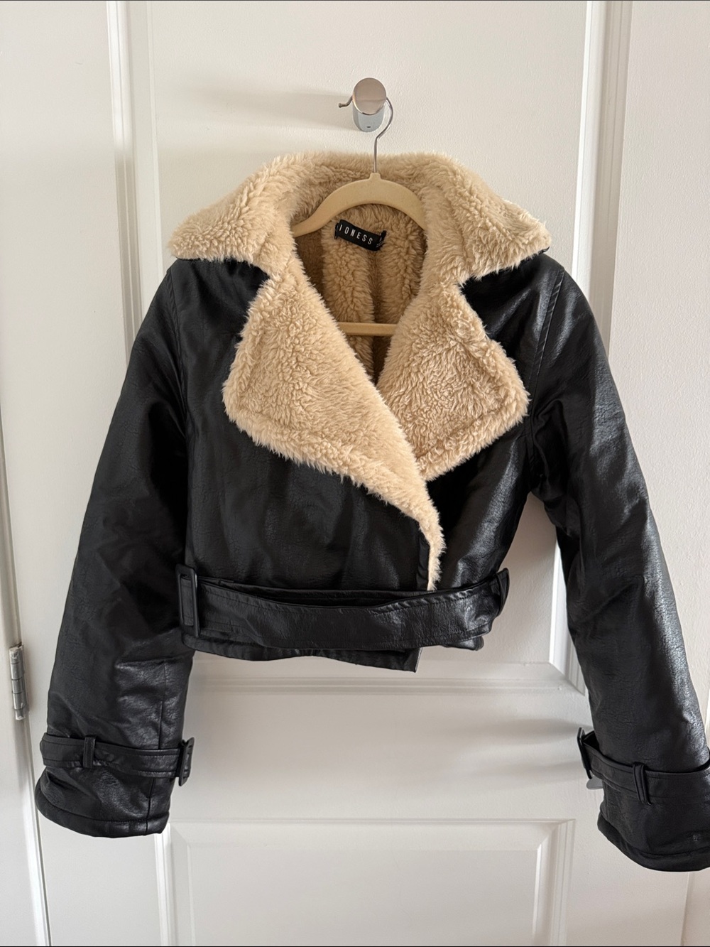Black Faux Leather Jacket with Cream Sherpa Collar
